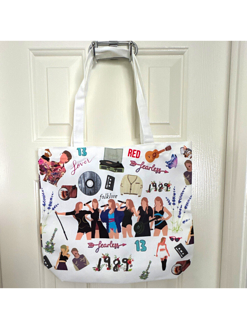 Taylor Swift Music Graphic Print Tote Bag, White/Multicolor, Double Handles